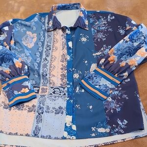 SHEIN Blue and Orange Floral Patchwork Button Down Shirt